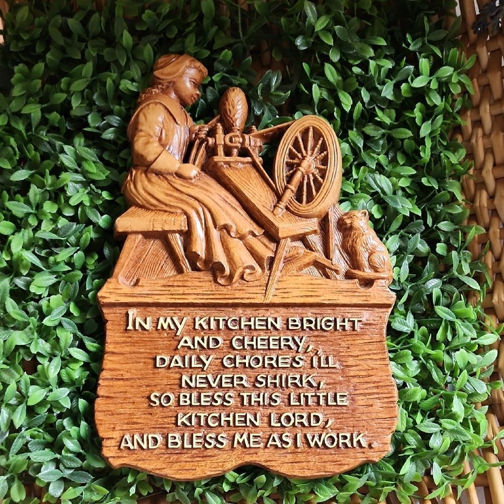 Vintage Faux Wood Kitchen Blessing Plaque Woman Spinning Wheel Cat